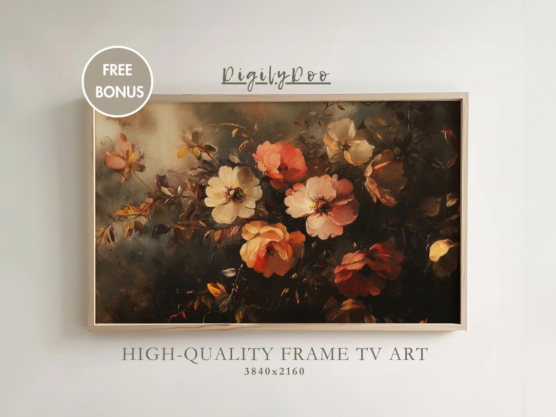 Moody Floral Still Life Vintage Oil Painting Pink Bloom Art Poster