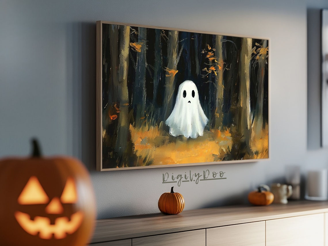 Cute Lonely Ghost in Dark Autumn Forest Halloween Frame TV Print - Image 3