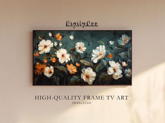 White and Orange Blossoms Dark Teal Floral Oil Frame TV Print