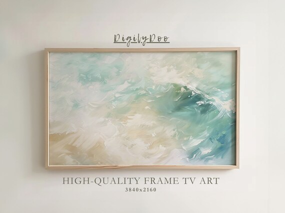 Teal Blue Ocean Waves Abstract Coastal Swirl Painting Wall Art