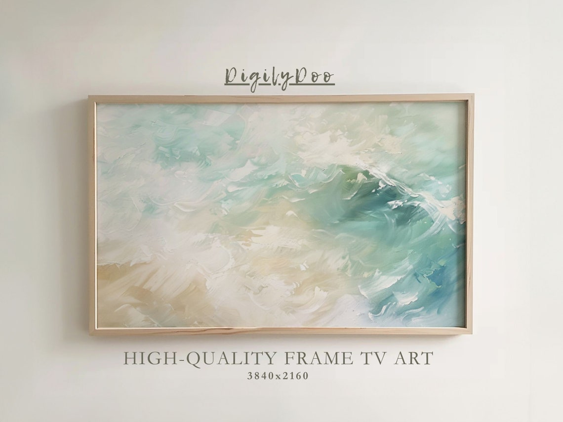 Teal Blue Ocean Waves Abstract Coastal Swirl Painting Wall Art