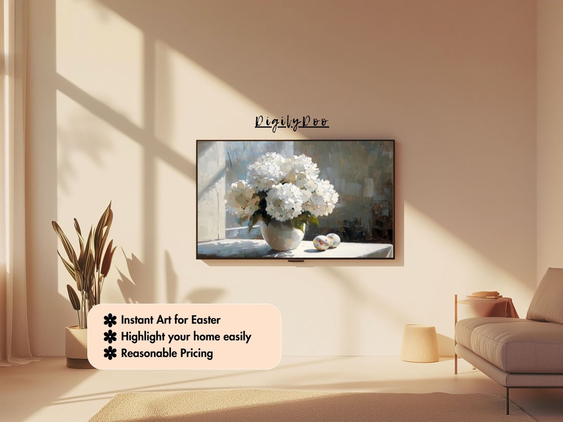 White Hydrangeas in Vase on Windowsill Still Life Frame TV Print - Image 3