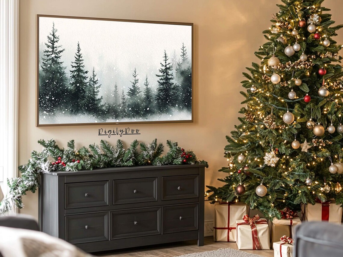 Snowy Pine Tree Forest, Neutral Winter Holiday Art Print - Image 3