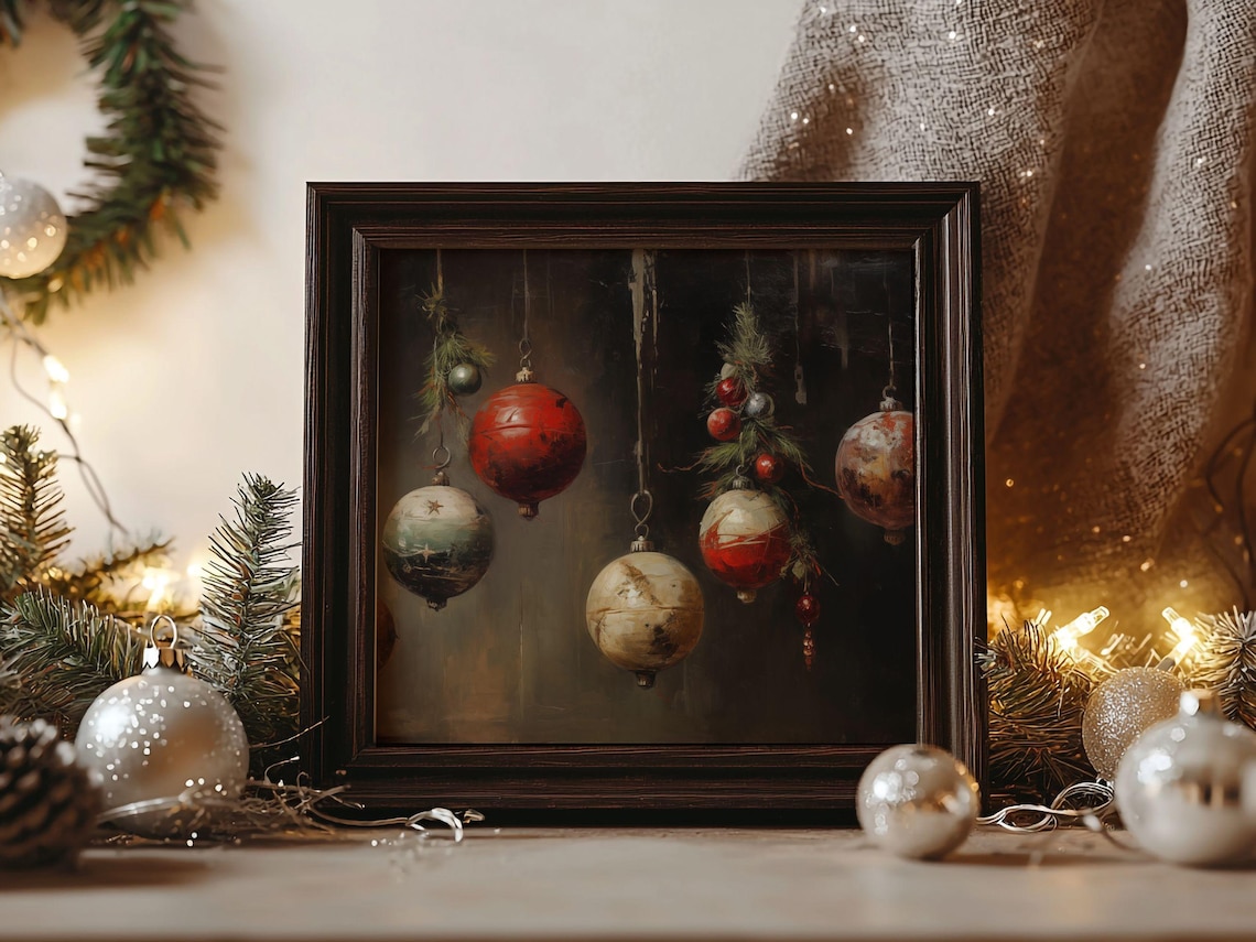 Vintage Christmas Ornament Art Print, Rustic Farmhouse Decor - Image 2