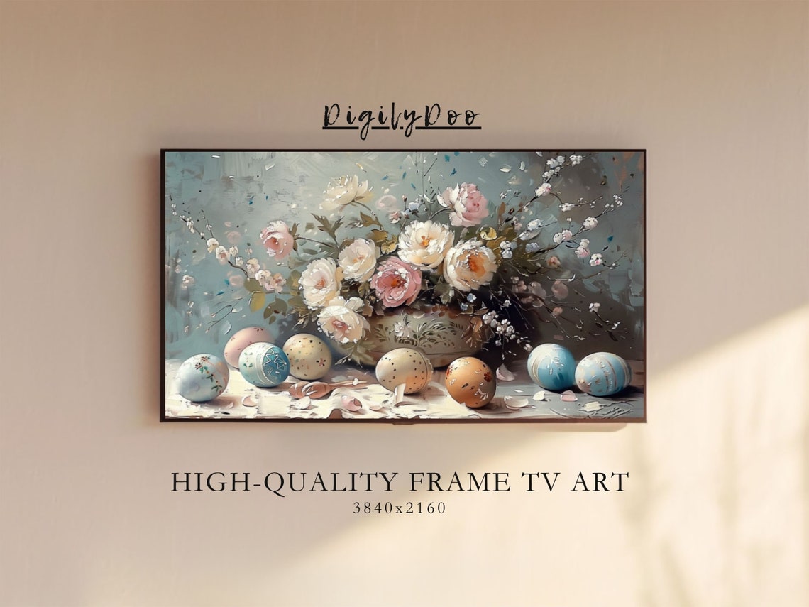 White Rose Bouquet Painted Easter Eggs Floral Frame TV Print
