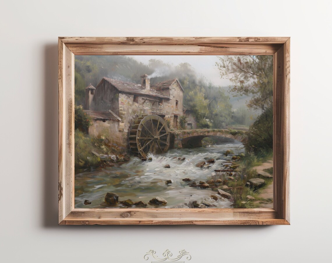 Rustic Stone Watermill Waterwheel Flowing Stream Vintage Oil Painting Poster