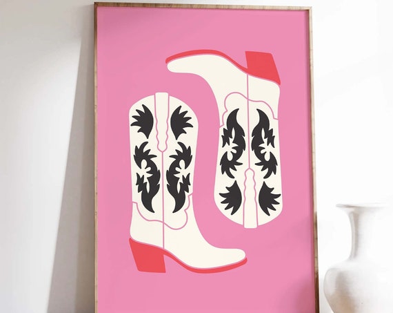 Cowgirl Boots Print Art Cute Pink Red Western Print Retro Wall Art Trendy Maximalist Wall Art College Dorm Decor