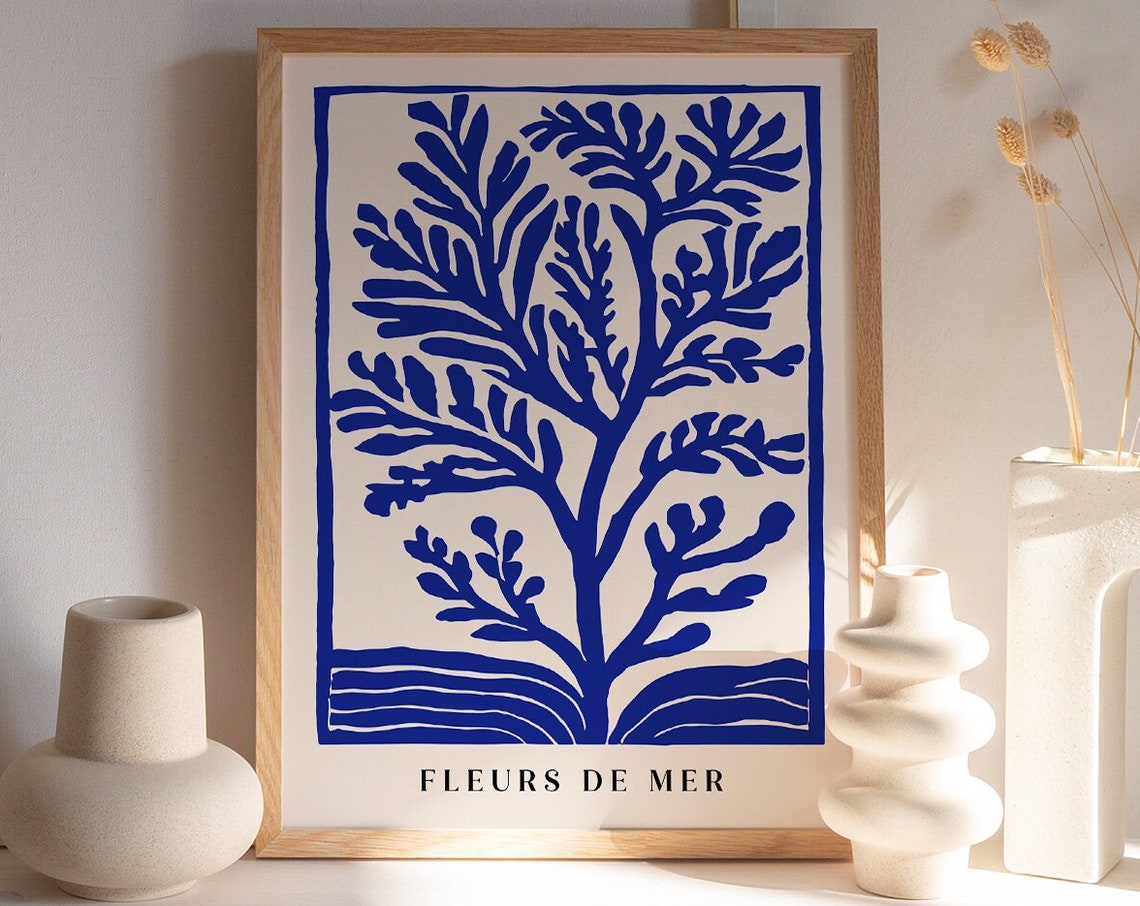 Fleurs De Mer Blue Seaweed Coral Coastal Botanical Art Poster