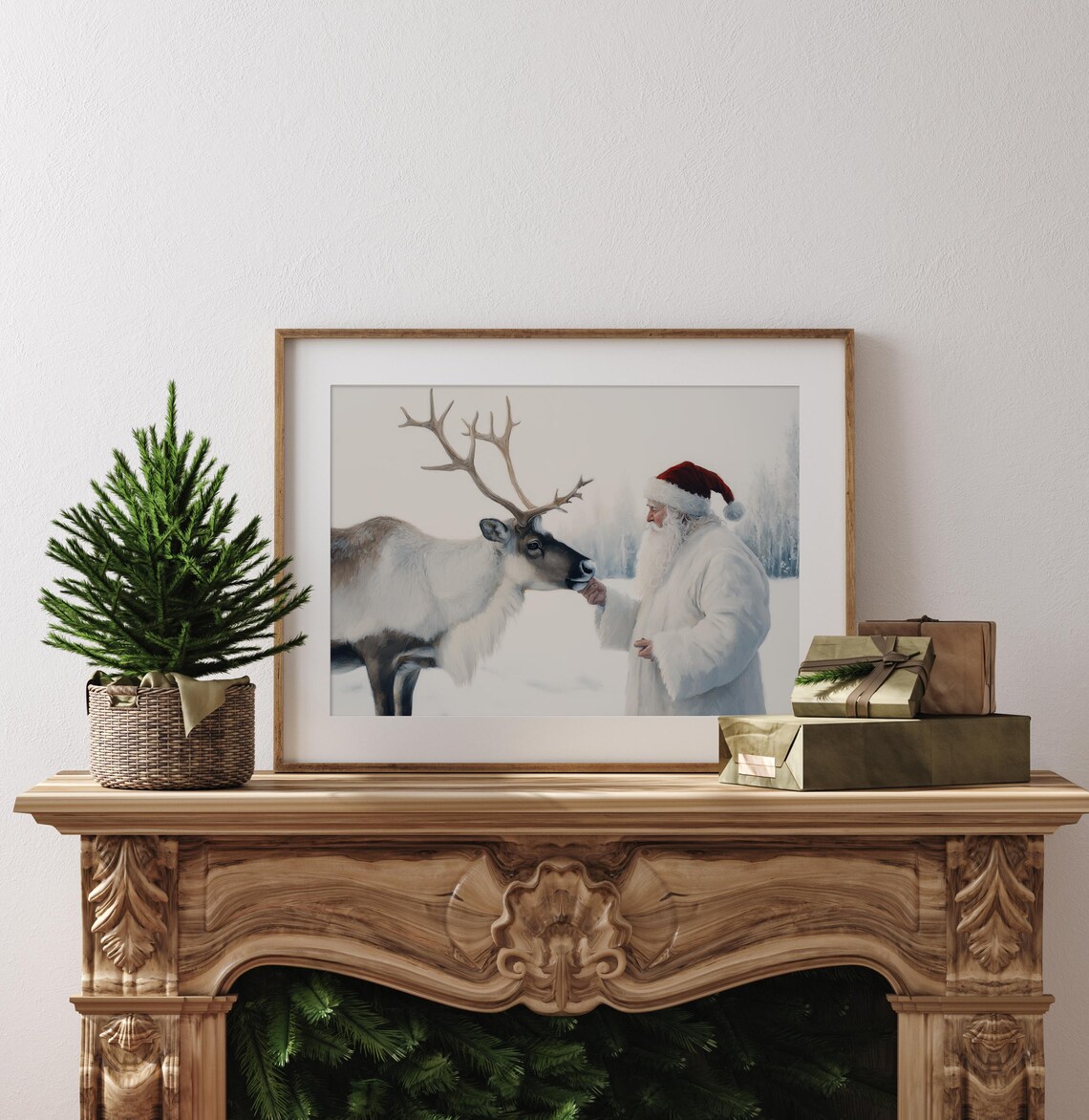 Vintage Santa Reindeer Art Print, Festive Holiday Decor