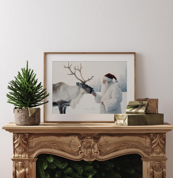 Vintage Santa Reindeer Art Print, Festive Holiday Decor