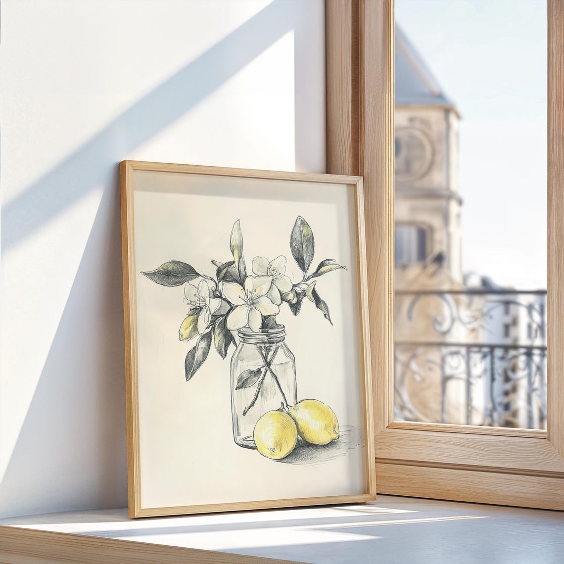 Rustic Lemon Branch Botanical Sketch Ink And Pencil Mason Jar Drawing Citrus Art