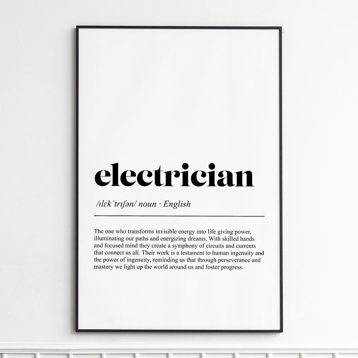 Electrician Definition Print Inspirational Dictionary Wall Art Modern Typography Poster Gift For Electricians