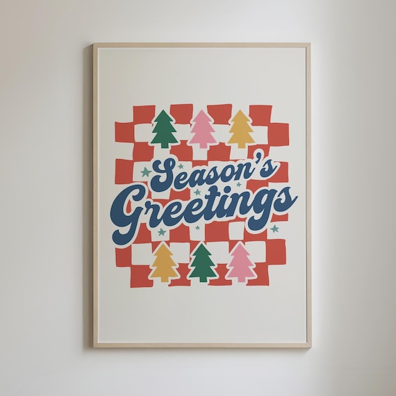 Season's Greetings Retro Checkerboard Christmas Trees Poster
