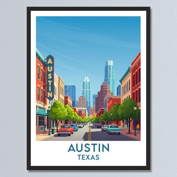 Austin Texas Congress Avenue Classic Vintage Cars Skyline Poster