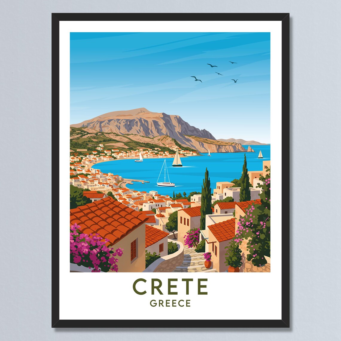Crete Greece Coastal Town Sailboats Bougainvillea Harbor Travel Poster