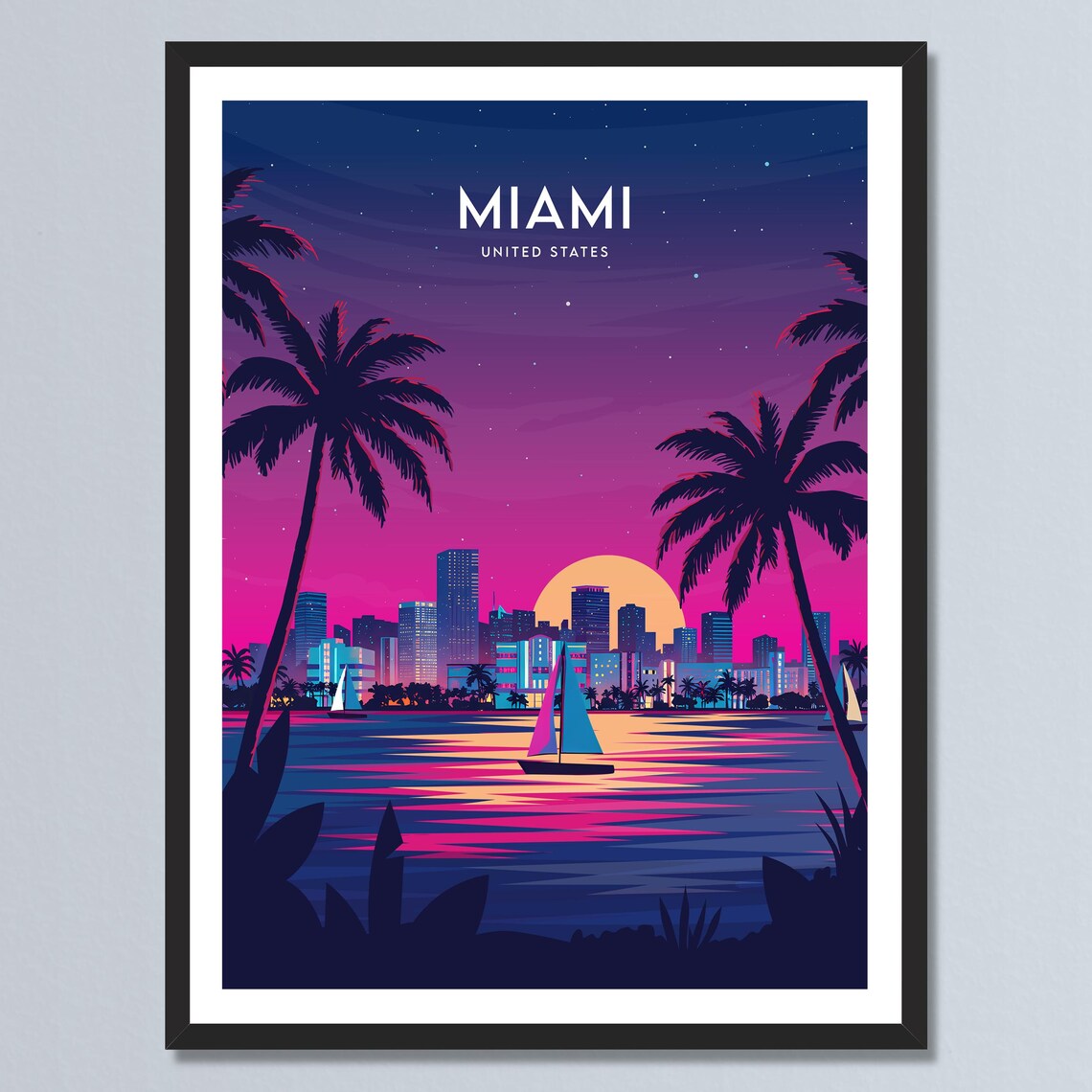 Miami Florida Neon Night Skyline Palm Trees Sailboats Travel Poster