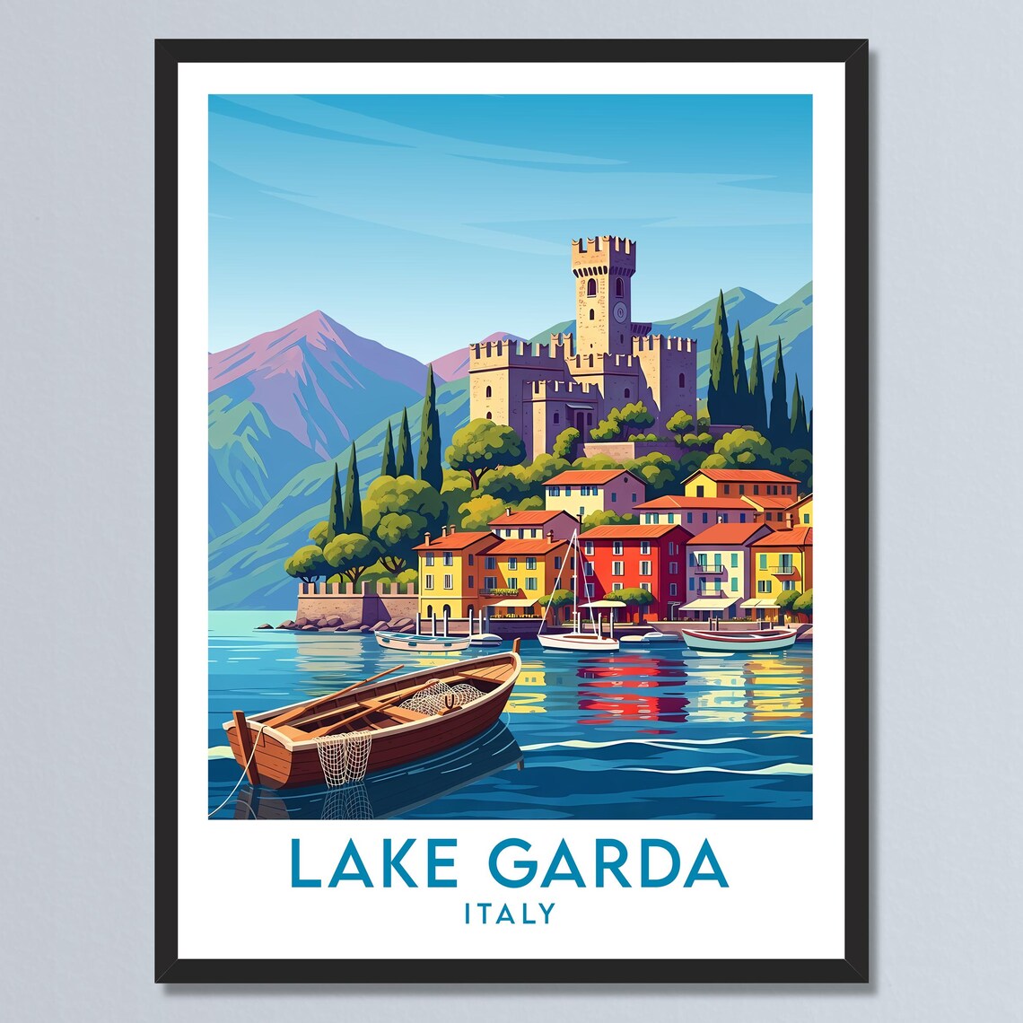 Lake Garda Italy Medieval Castle Lakeside Boats Travel Poster