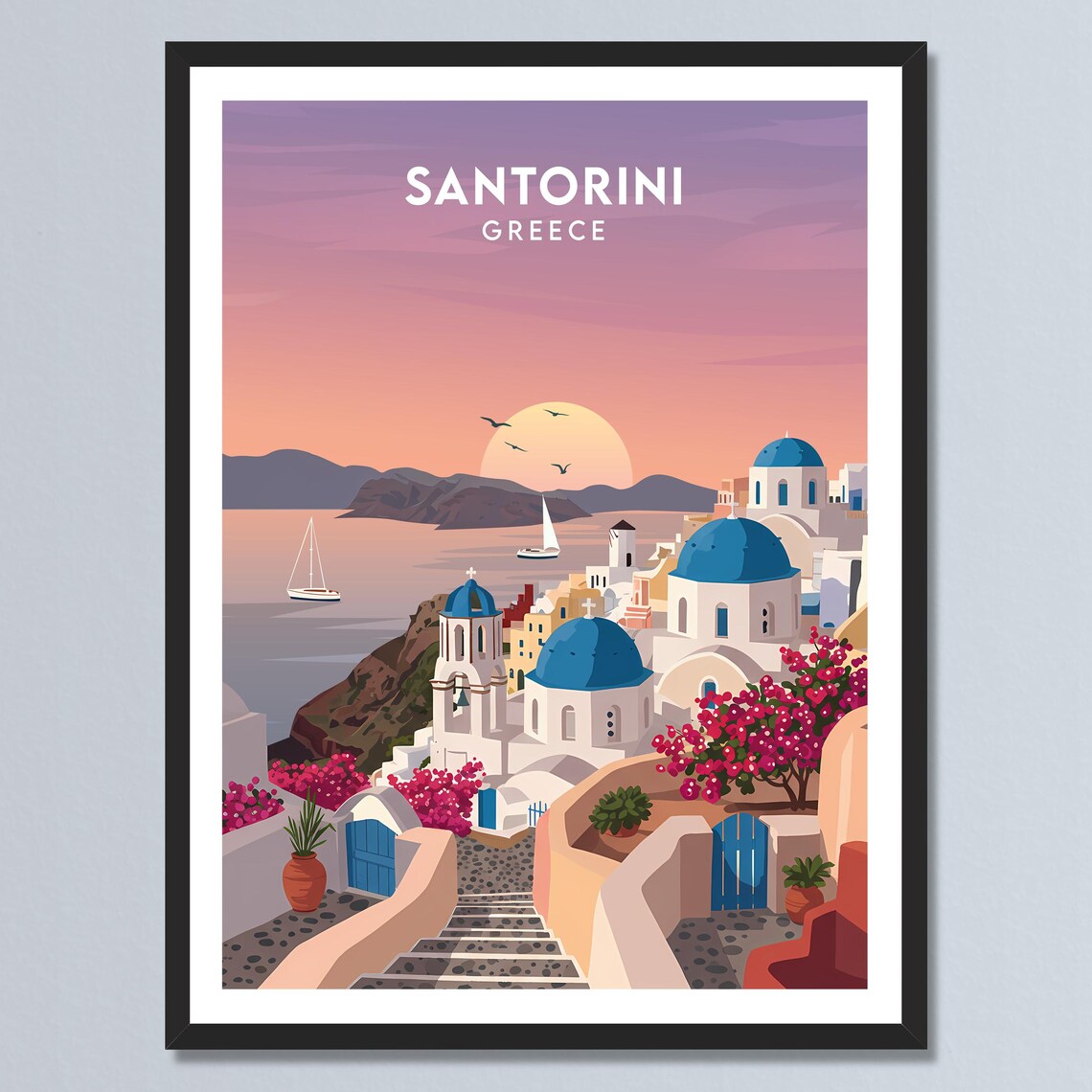 Santorini Greece Blue Domes Bougainvillea Sunset View Poster