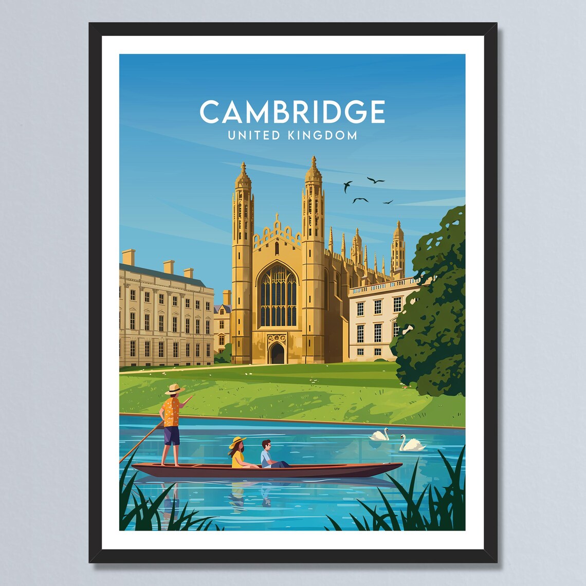 Cambridge United Kingdom Kings College Chapel Punting River Poster