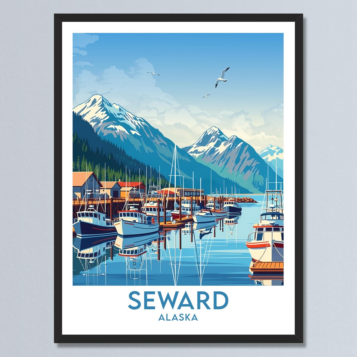 Seward Alaska Small Boat Harbor Mountain Reflection Marina Poster