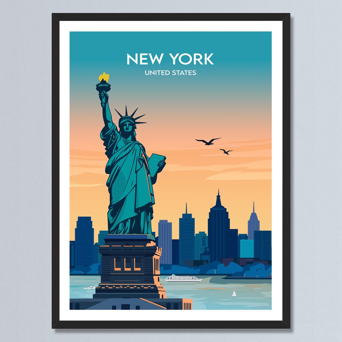 New York City Statue of Liberty Skyline Sunset Travel Poster