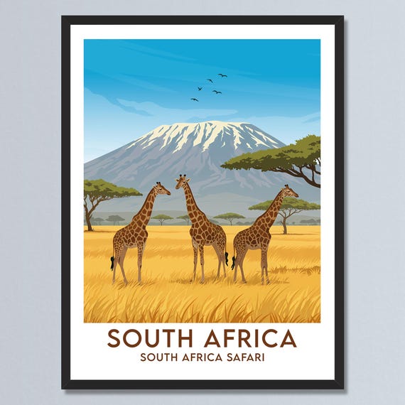 South Africa Safari Travel Poster Giraffesand Mountain Illustration Landscape African Wall Art Personalized Print Home Decor Gift