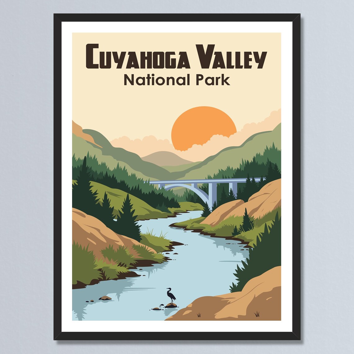 Cuyahoga Valley National Park River Heron Sunset Retro Travel Poster