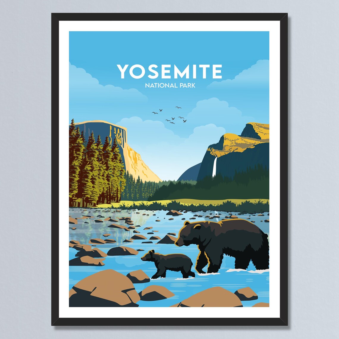 Yosemite National Park Bears Wading River Cliffs Vintage Travel Poster