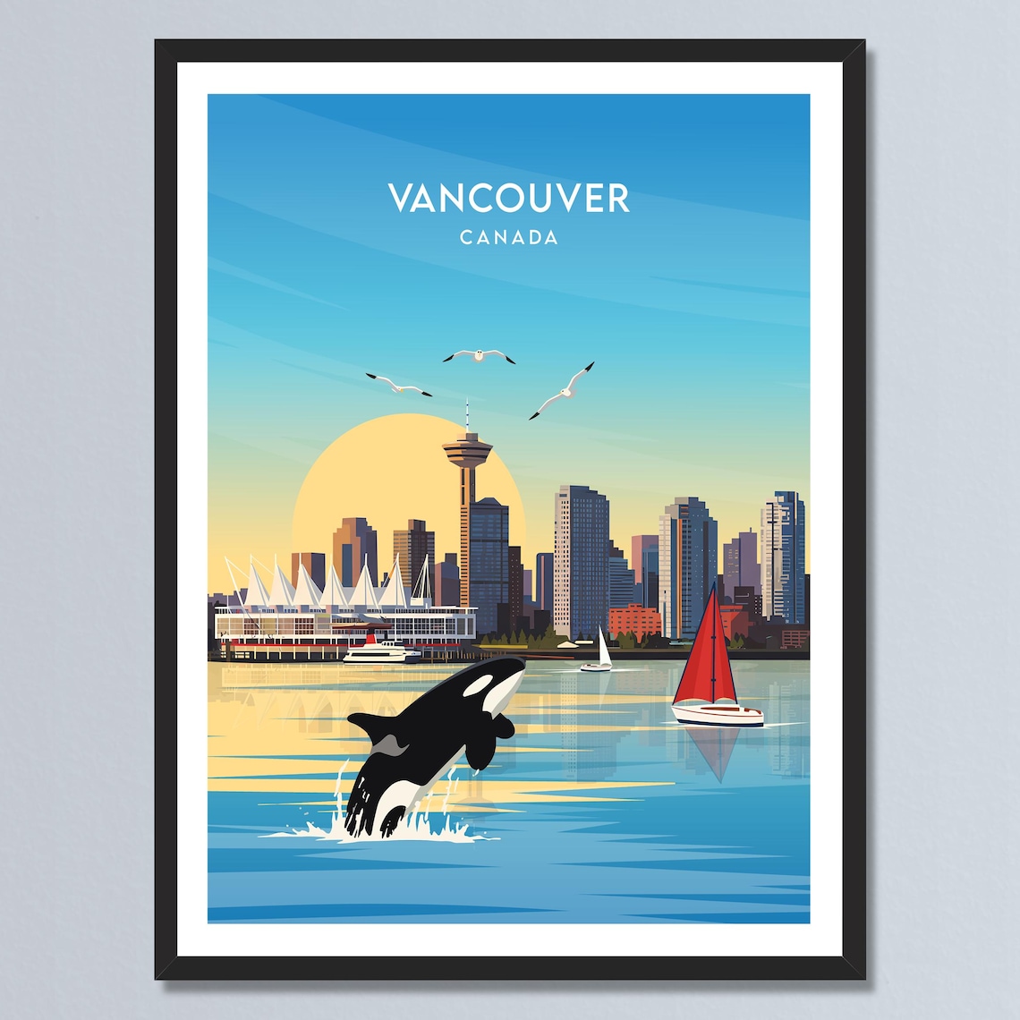 Vancouver Canada Breaching Orca Harbor Skyline Sunset Art Poster