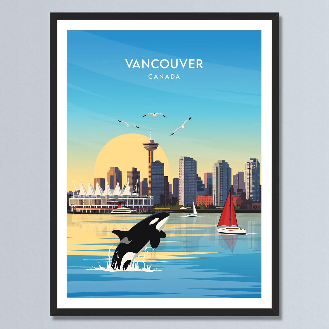 Vancouver Canada Travel Poster Breaching Whale Print Skyline Retro Sailboat Art Personalized Home Wall Decor Gift