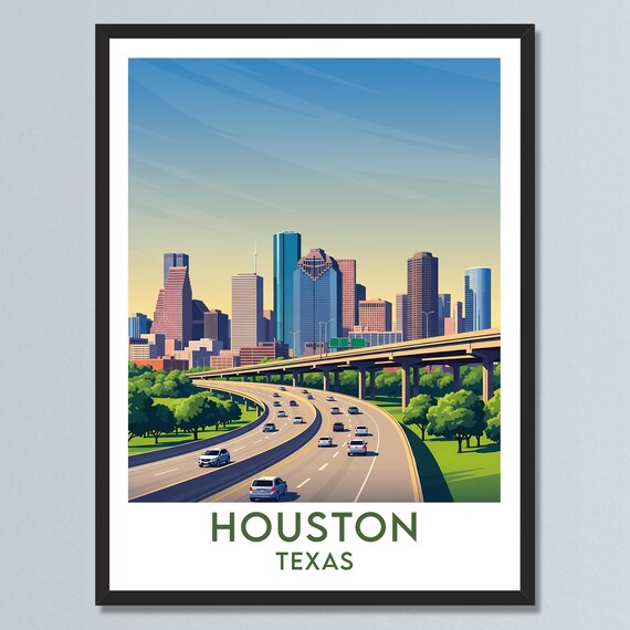 Houston Texas Freeway Leading to Downtown Skyline Urban Scene Poster