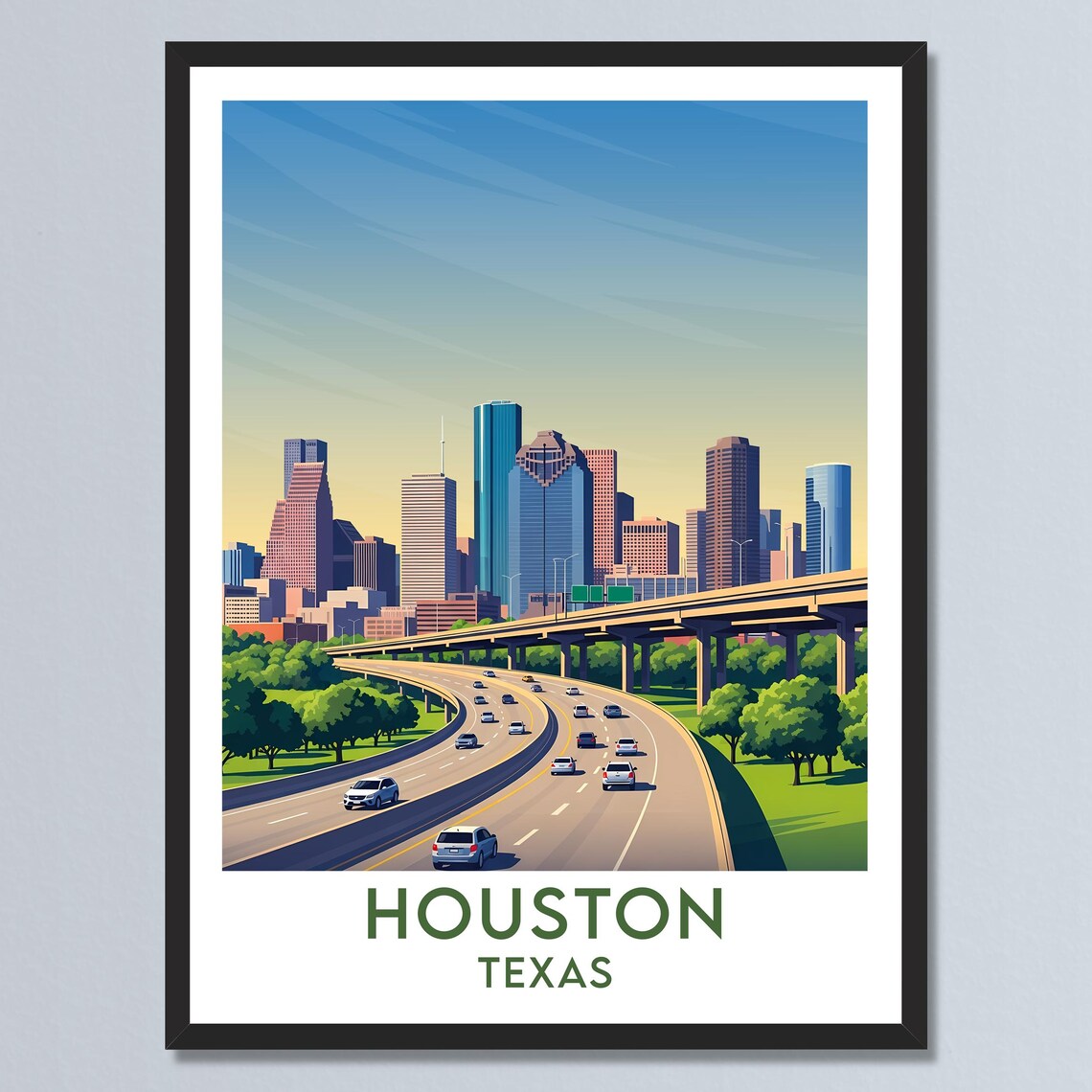 Houston Texas Freeway Leading to Downtown Skyline Urban Scene Poster