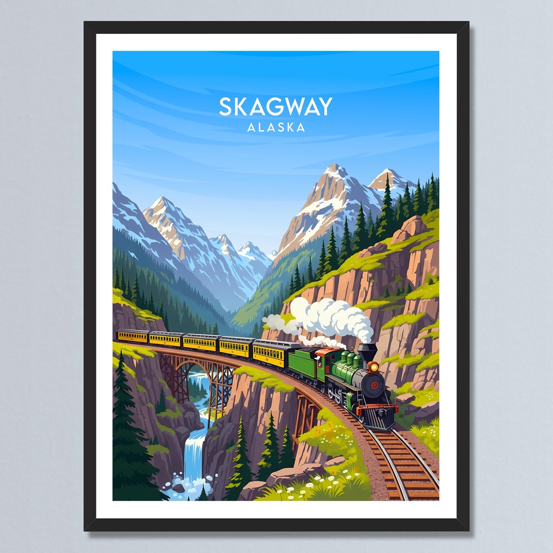 Skagway Alaska Vintage Steam Locomotive Mountain Gorge Railroad Poster