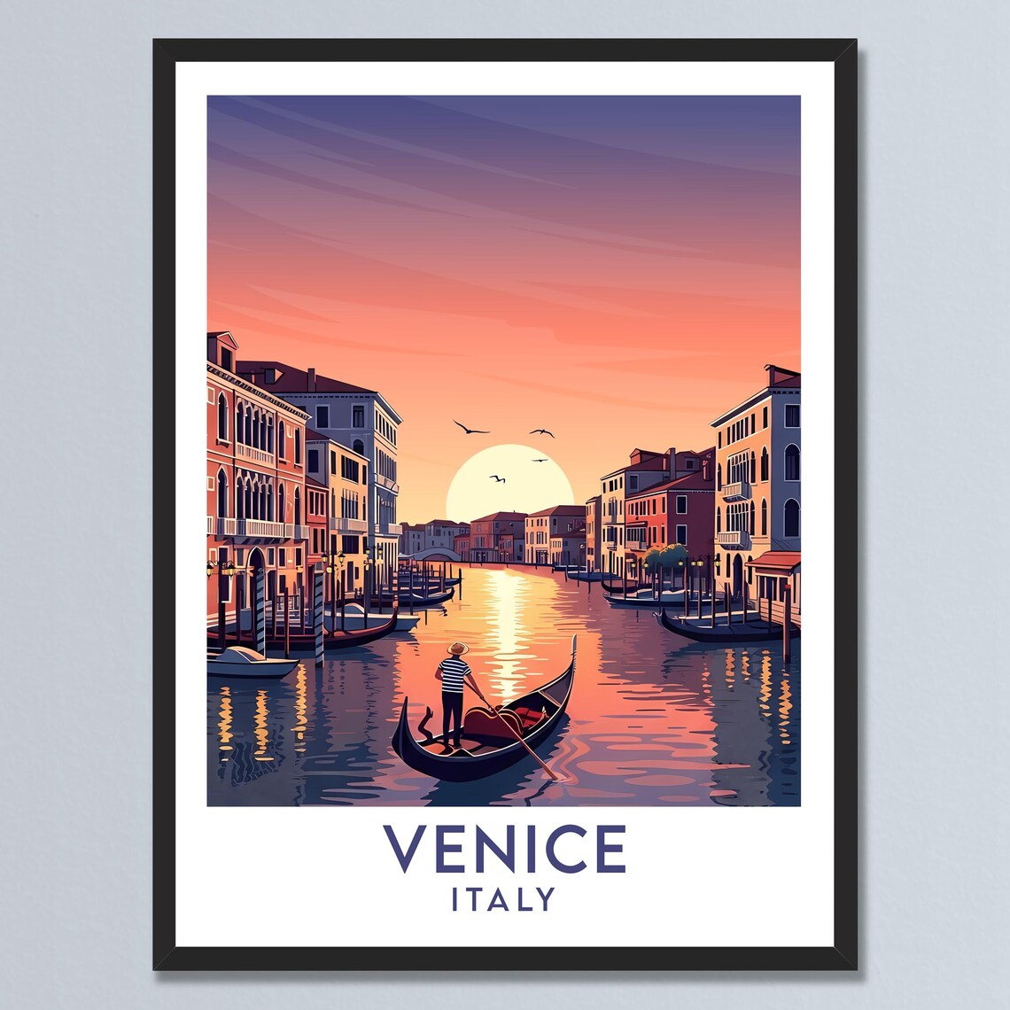 Venice Italy Sunset Canal Gondolier Romantic Vintage Travel Poster