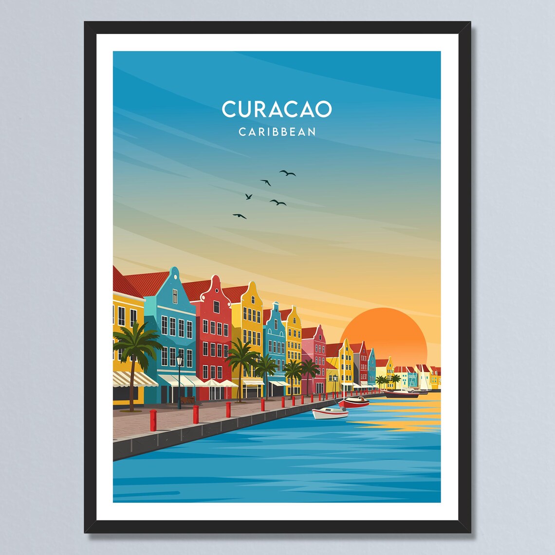 Curacao Caribbean Colorful Waterfront Sunset Dutch Houses Travel Poster