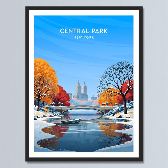 Central Park New York Winter Bow Bridge Snowy Lake Scene Poster