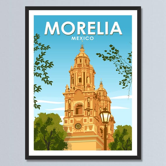 Morelia Cathedral Mexico Travel Poster Mexican Vintage Style Print Architecture Wall Art Personalized Home Decor Gift
