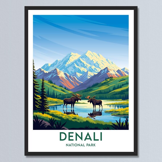 Denali National Park Moose at Mountain Lake Reflection Wildlife Poster