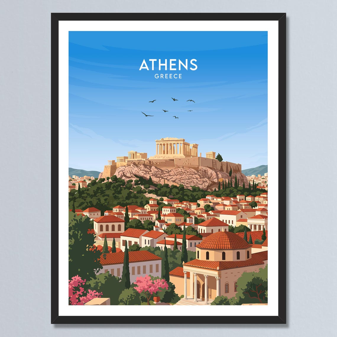Athens Greece Acropolis Parthenon Rooftops Spring Blooms Poster