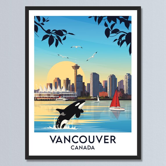 Vancouver Canada Travel Poster Breaching Whale Print Skyline Cityscape Wall Art Personalized Home Decor Gift