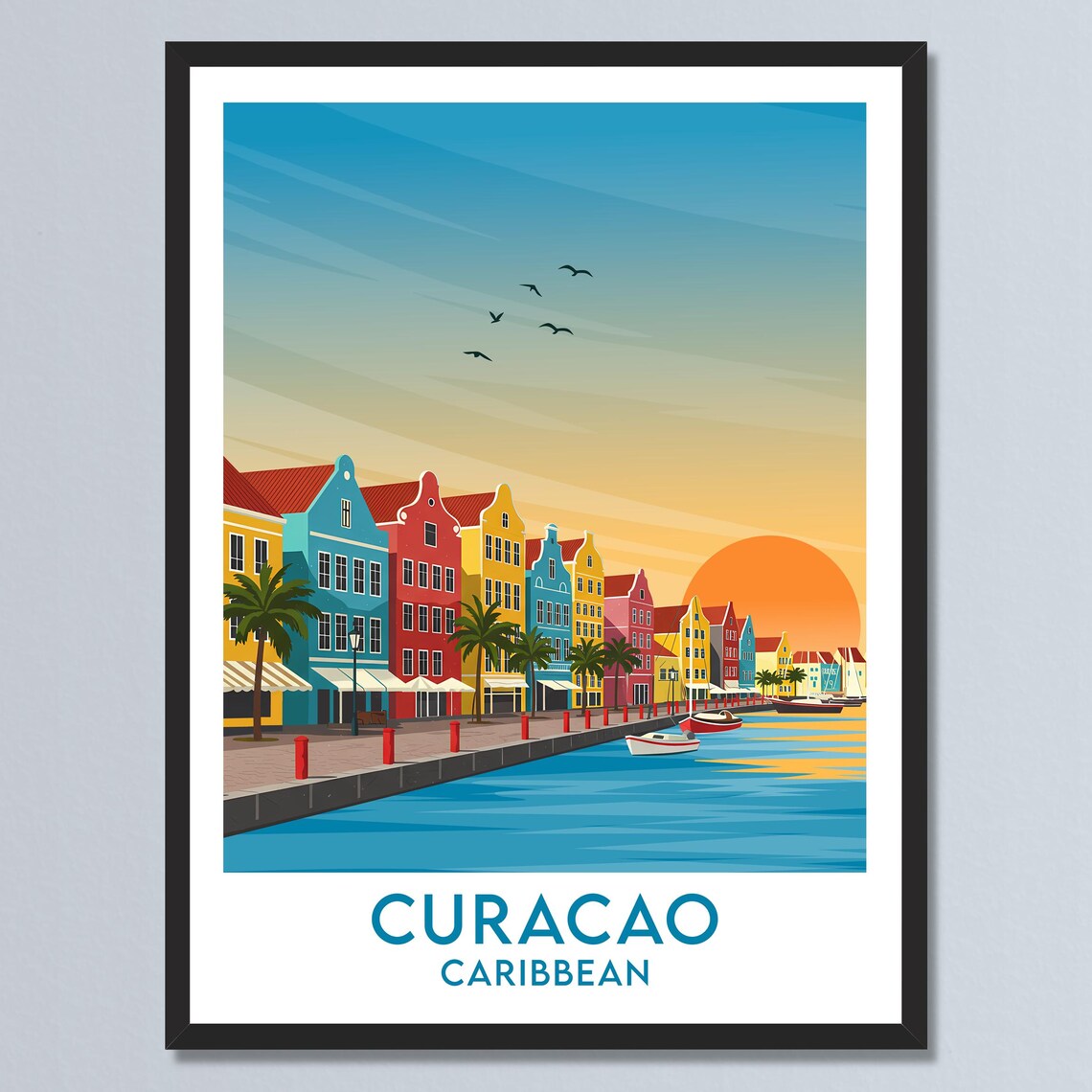 Curacao Caribbean Willemstad Harbor Sunset Colorful Houses Art Poster