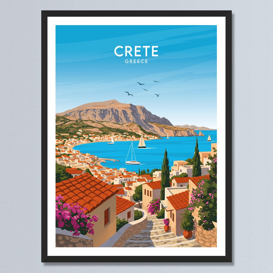Crete Greece Coastal Town Sailboats White Buildings Blue Sea Poster