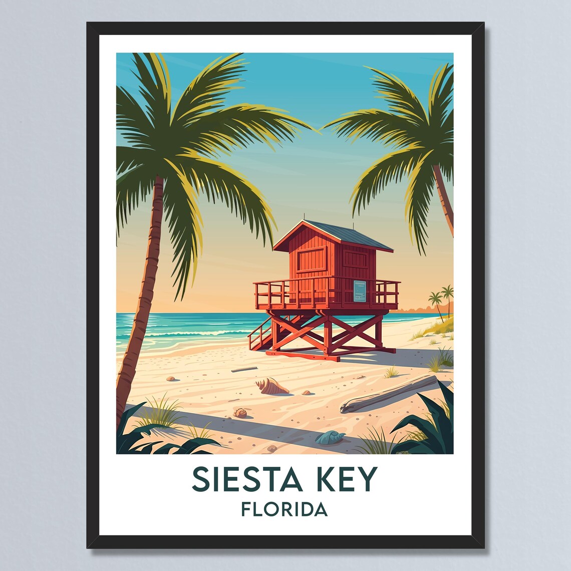 Siesta Key Florida Lifeguard Tower Tall Palms Sand Beach Poster