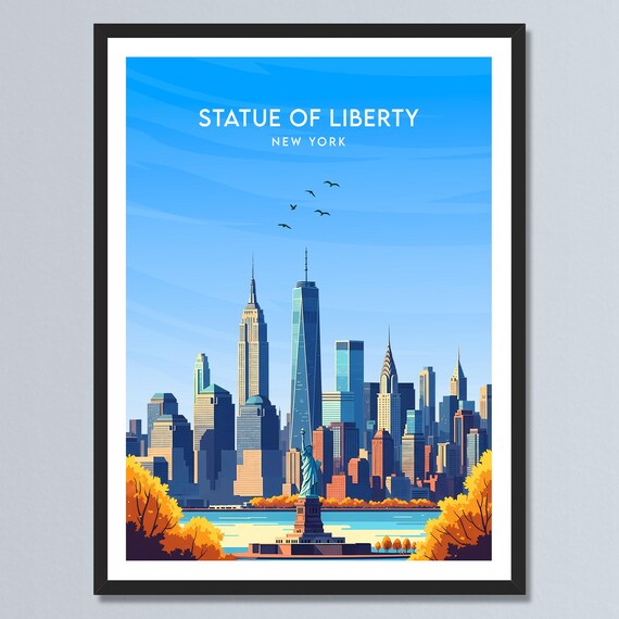 Statue of Liberty New York Harbor Skyline Fall Season Art Poster