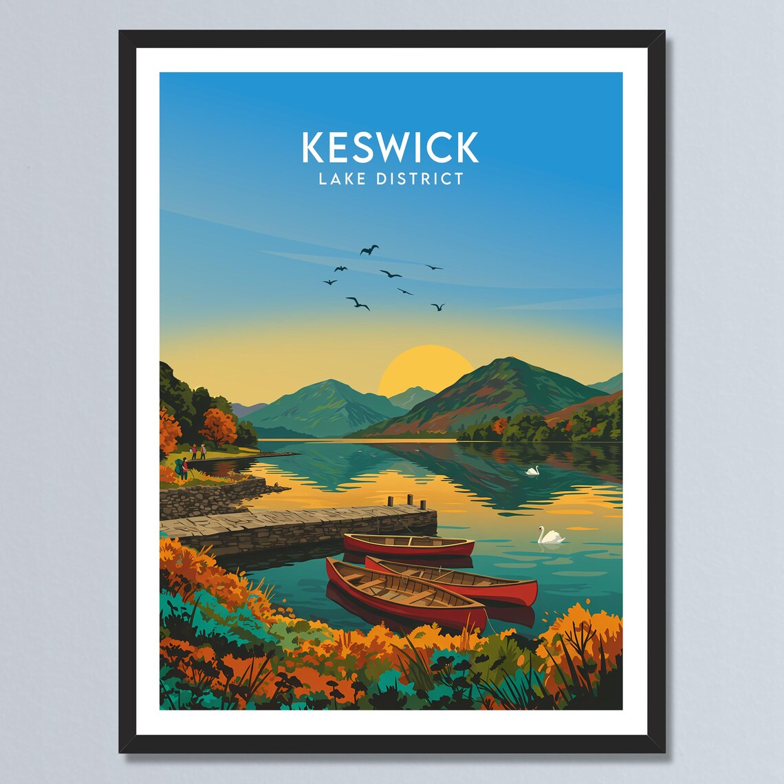 Keswick Lake District Serene Sunrise Canoes Mountain Lake Poster