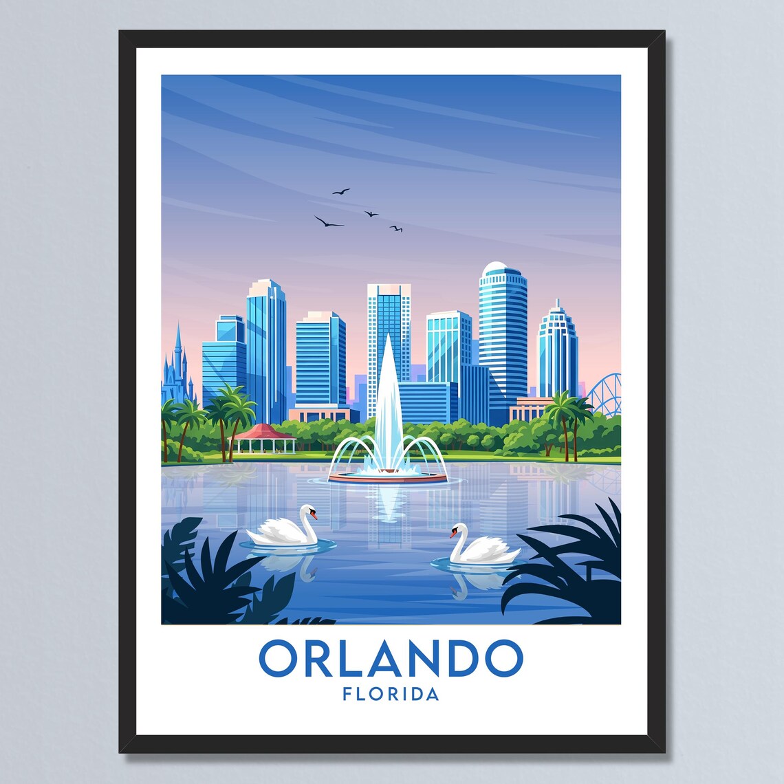 Orlando Florida Lake Fountain Swans Skyline Vintage Travel Poster