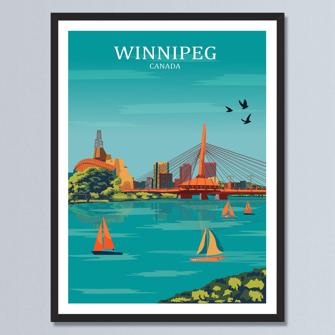 Winnipeg Canada Esplanade Riel Bridge Sailboats River View Poster