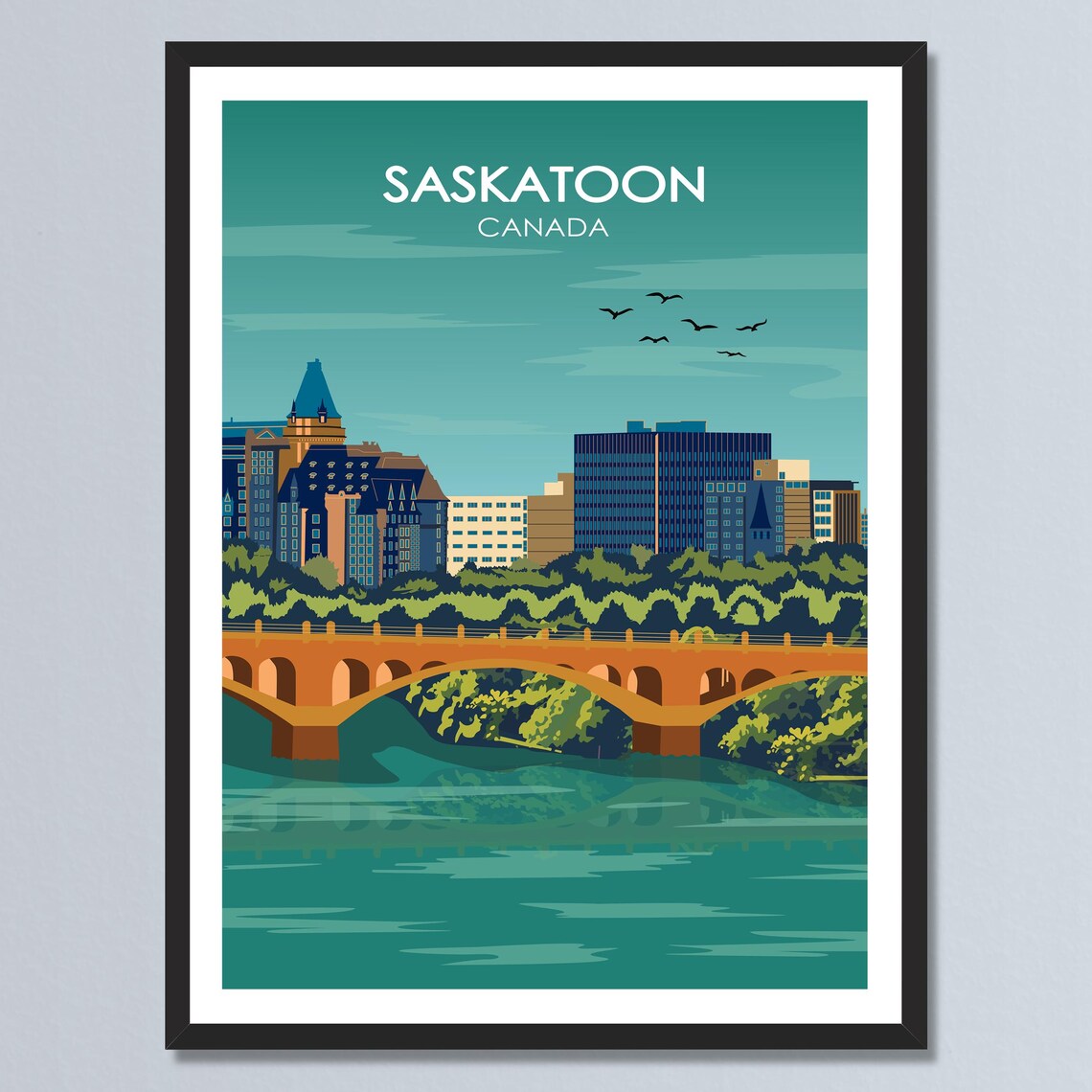Saskatoon Canada Skyline River Bridge Sunset Flying Geese Poster