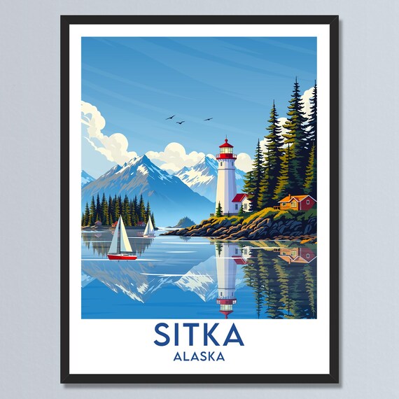 Sitka Alaska Lighthouse Sailboats Coastal Mountain Reflection Poster