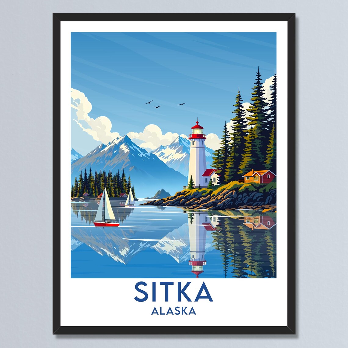 Sitka Alaska Lighthouse Sailboats Coastal Mountain Reflection Poster